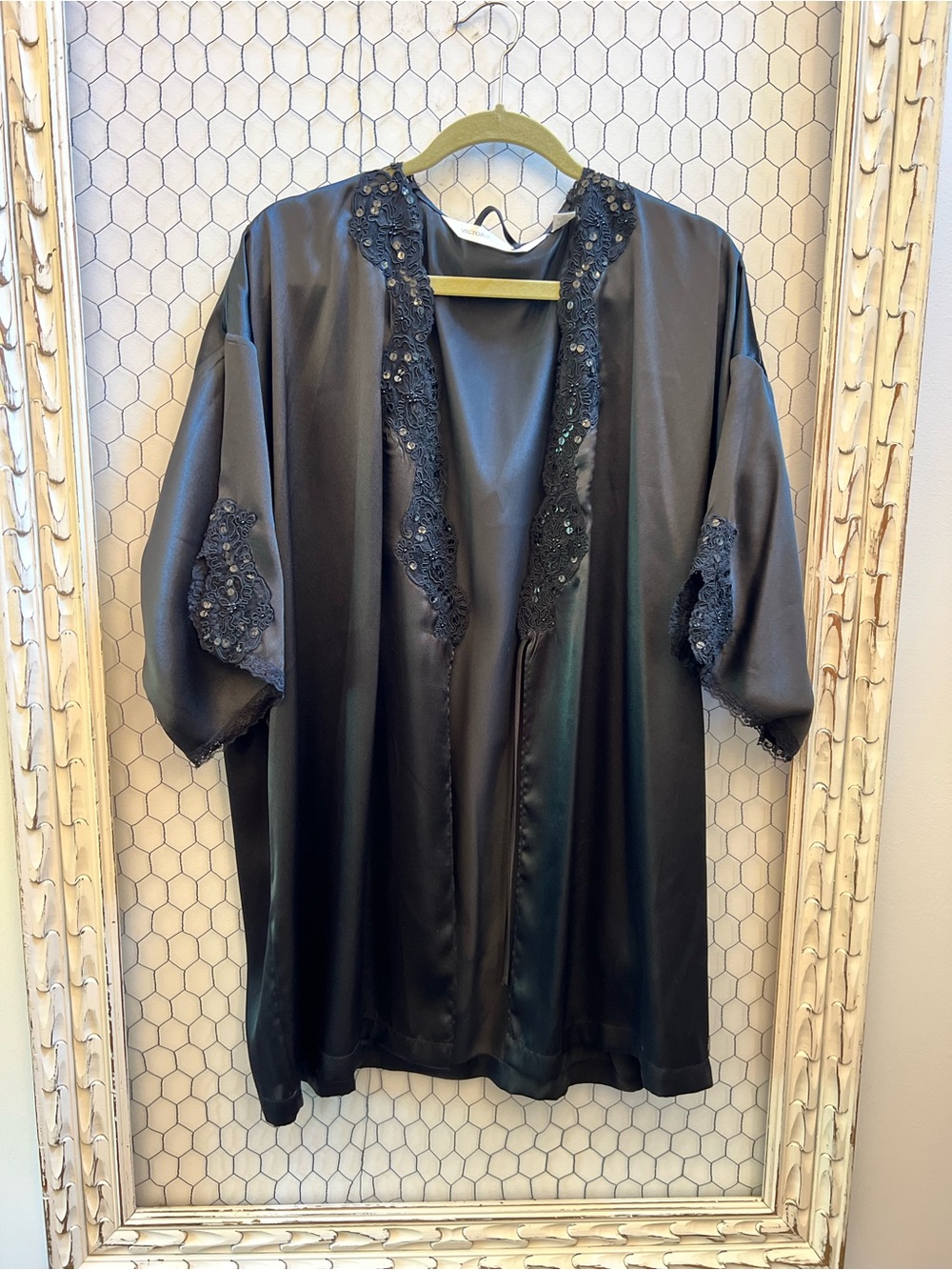 Victoria's Secret Black Satin Lace & Sequin Kimono Vintage Old Money